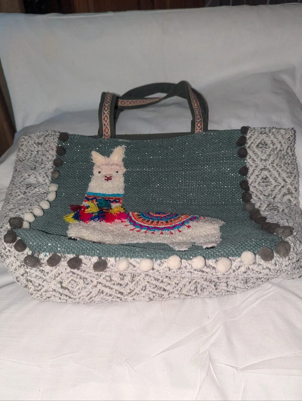 America & Beyond Green Llama Embroidered Tote Bag with Pom Trim